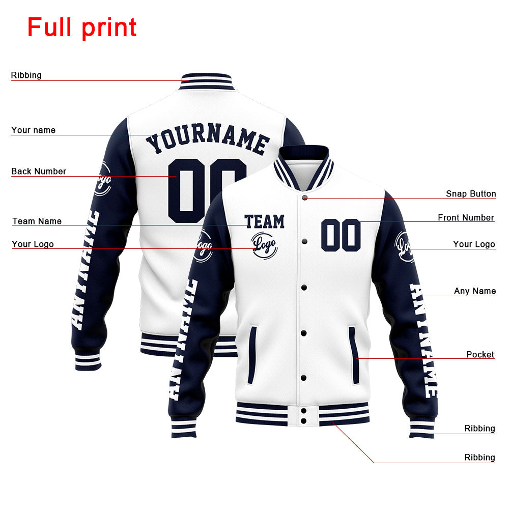 Chaqueta universitaria personalizada estilo Letterman para hombres-mujeres y jóvenes-color azul marino y blanco