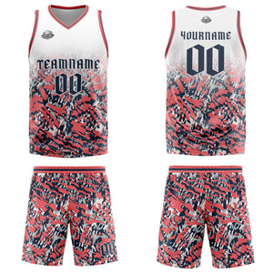 Uniforme de baloncesto personalizado en blanco-rosa y azul marino con tu logotipo-nombre y número impresos
