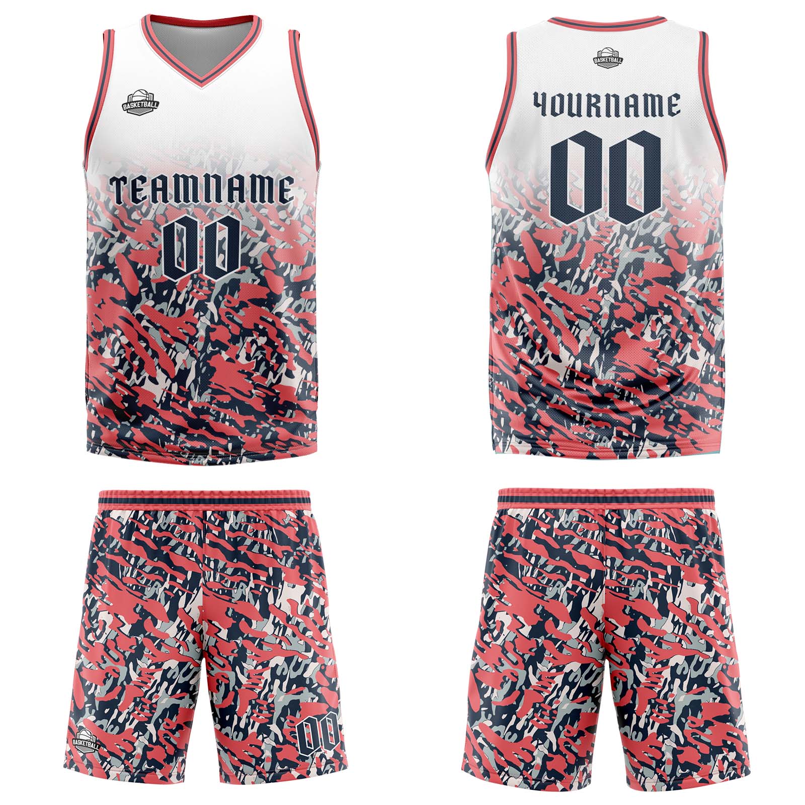 Uniforme de baloncesto personalizado en blanco-rosa y azul marino con tu logotipo-nombre y número impresos