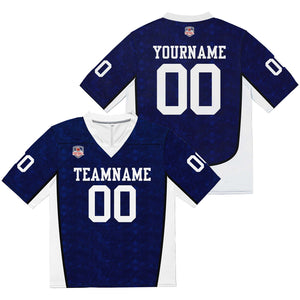 Camiseta de fútbol personalizada con nombre y número del equipo bordados y estampados en color azul marino