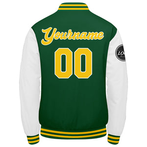 Chaqueta universitaria personalizada estilo Letterman para hombres-mujeres y jóvenes en colores verde-amarillo y blanco