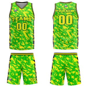 Uniforme de baloncesto personalizado verde y amarillo roto con tu logotipo-nombre y número impresos