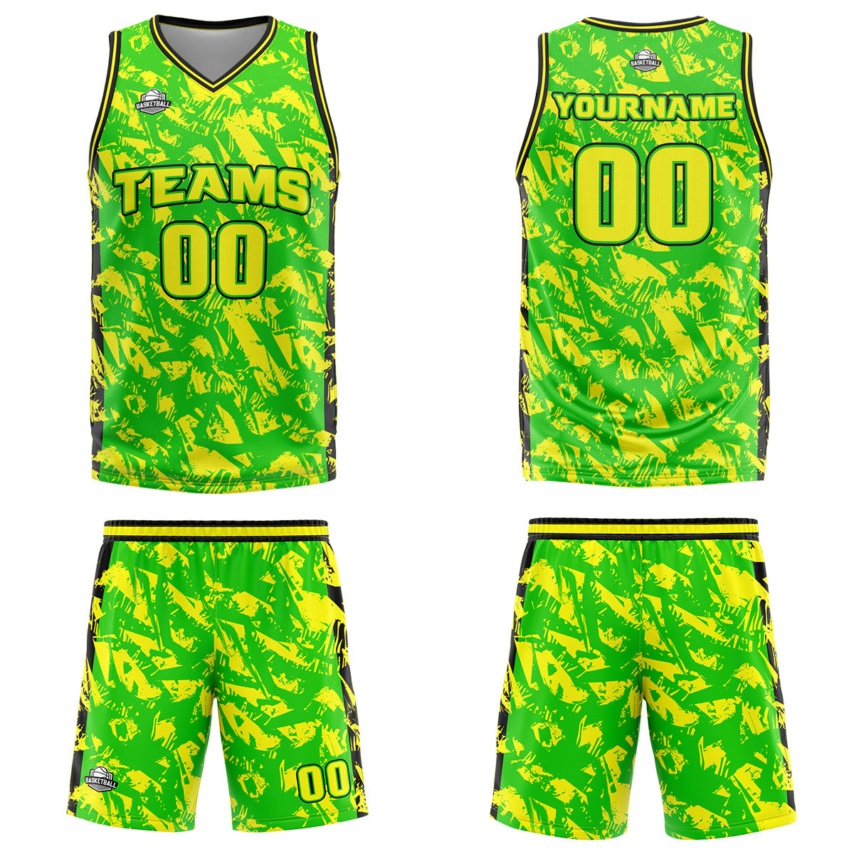 Uniforme de baloncesto personalizado verde y amarillo roto con tu logotipo-nombre y número impresos