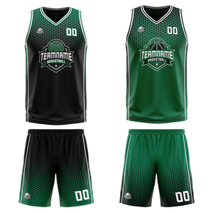 Traje de baloncesto reversible personalizado en negro-verde y blanco para adultos y niños