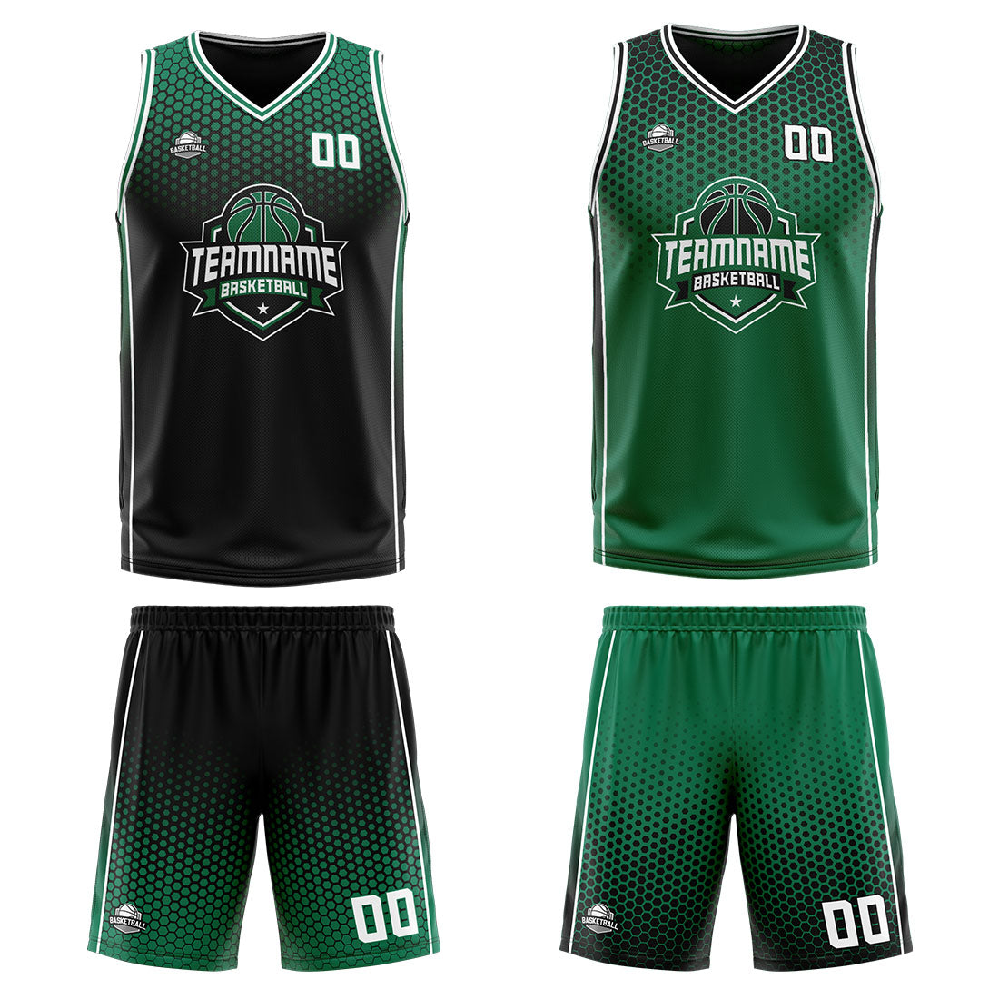 Traje de baloncesto reversible personalizado en negro-verde y blanco para adultos y niños