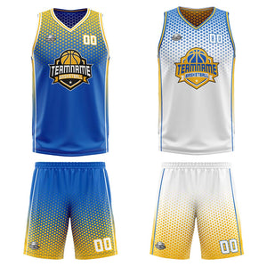Traje de baloncesto reversible azul-amarillo y blanco personalizado para adultos y niños