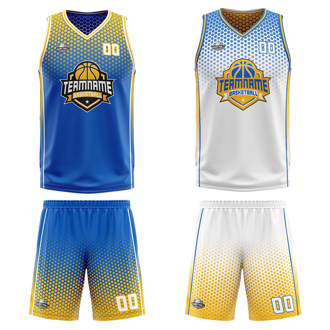 Traje de baloncesto reversible azul-amarillo y blanco personalizado para adultos y niños