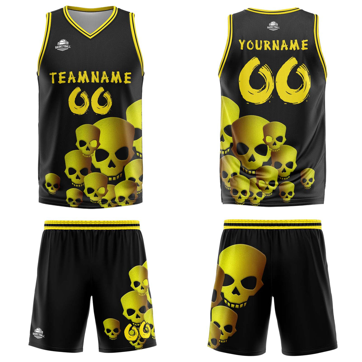 Uniforme de baloncesto personalizado color amarillo fluido con tu logotipo-nombre y número impresos