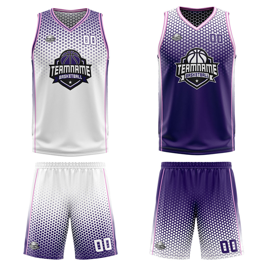 Traje de baloncesto reversible personalizado blanco-morado y rosa para adultos y niños