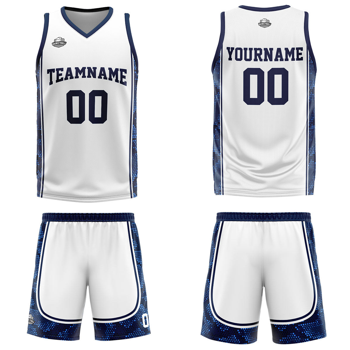 Uniforme de baloncesto personalizado blanco y azul oscuro con tu logotipo-nombre y número impresos