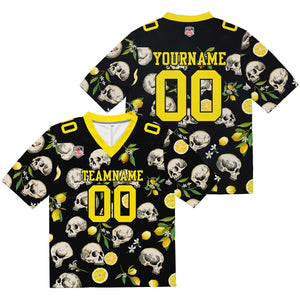 Camiseta de fútbol personalizada con nombre y número del equipo bordados y estampado de calavera -Amarillo limón