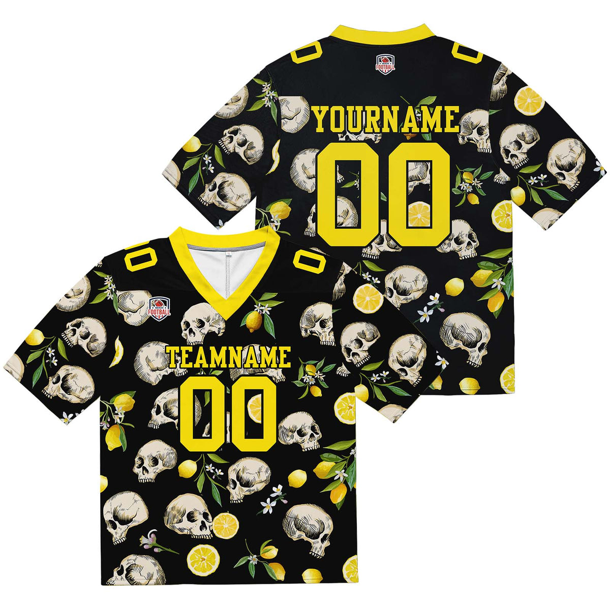 Camiseta de fútbol personalizada con nombre y número del equipo bordados y estampado de calavera -Amarillo limón
