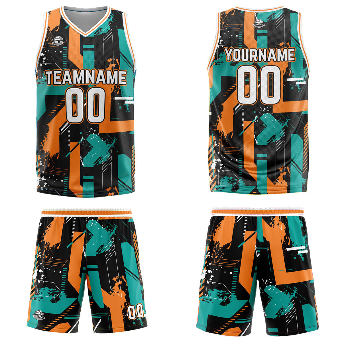 Uniforme de baloncesto personalizado Geometría Aqua Naranja con tu logotipo-nombre y número impresos