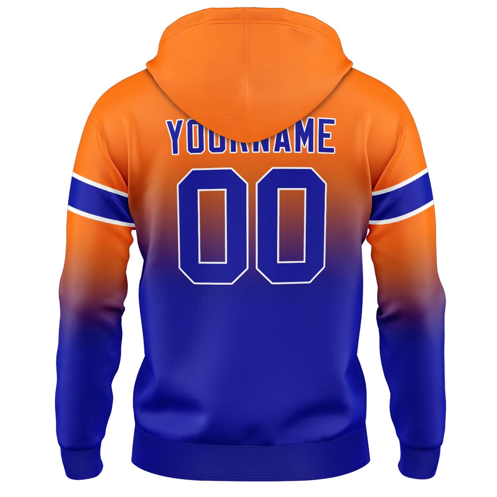 Sudadera con capucha personalizada con degradado para hombre-mujer-niña o niño Imprime tu logotipo-nombre y número Color naranja y azul marino