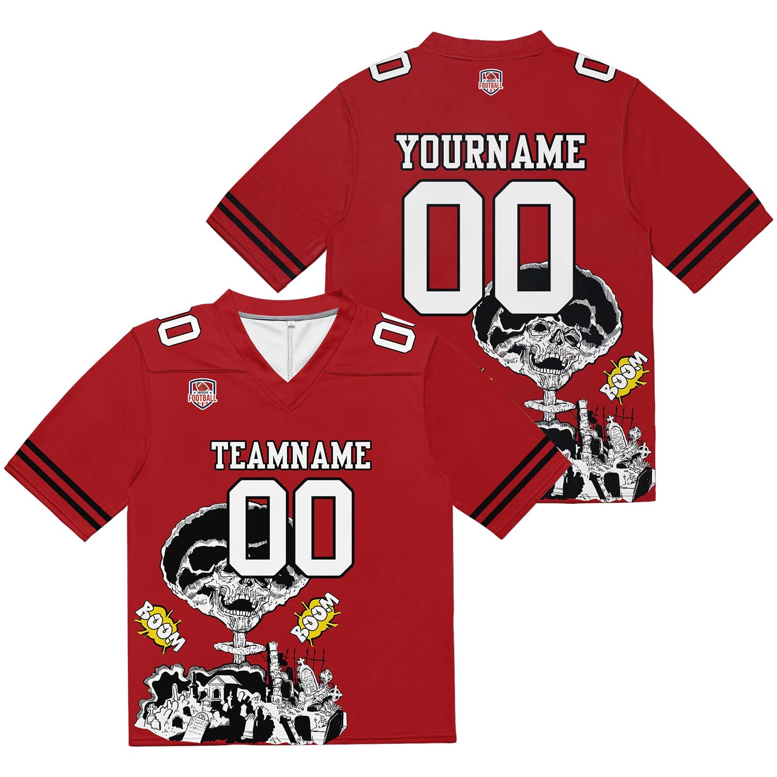 Camiseta de fútbol personalizada con nombre y número del equipo impresos y bordados en color rojo