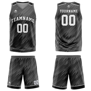 Uniforme de baloncesto gris tipo rayas personalizado con su logotipo-nombre y número impresos