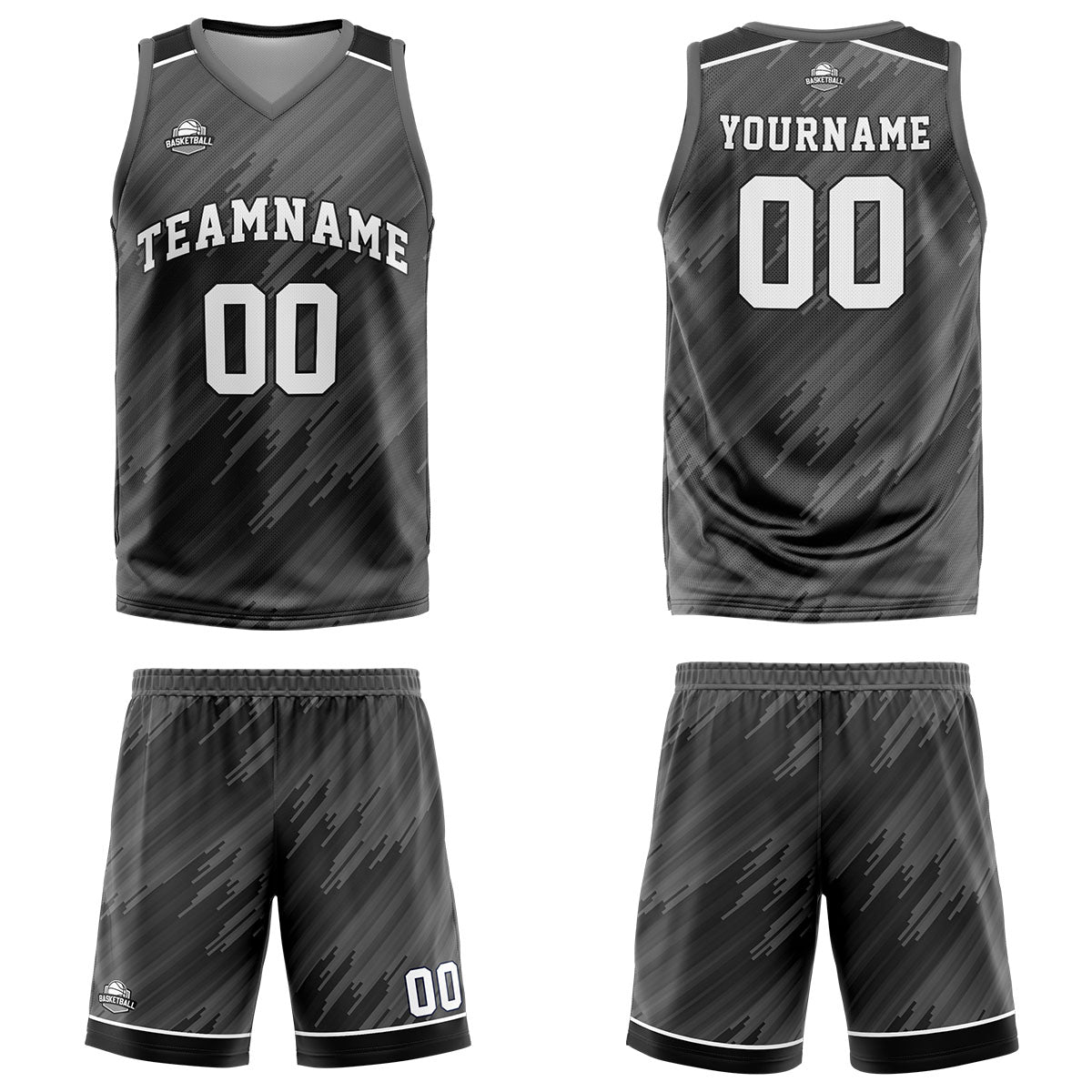 Uniforme de baloncesto gris tipo rayas personalizado con su logotipo-nombre y número impresos