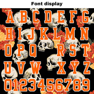 Camiseta de fútbol personalizada con nombre y número del equipo bordados y estampados en color naranja (calavera)