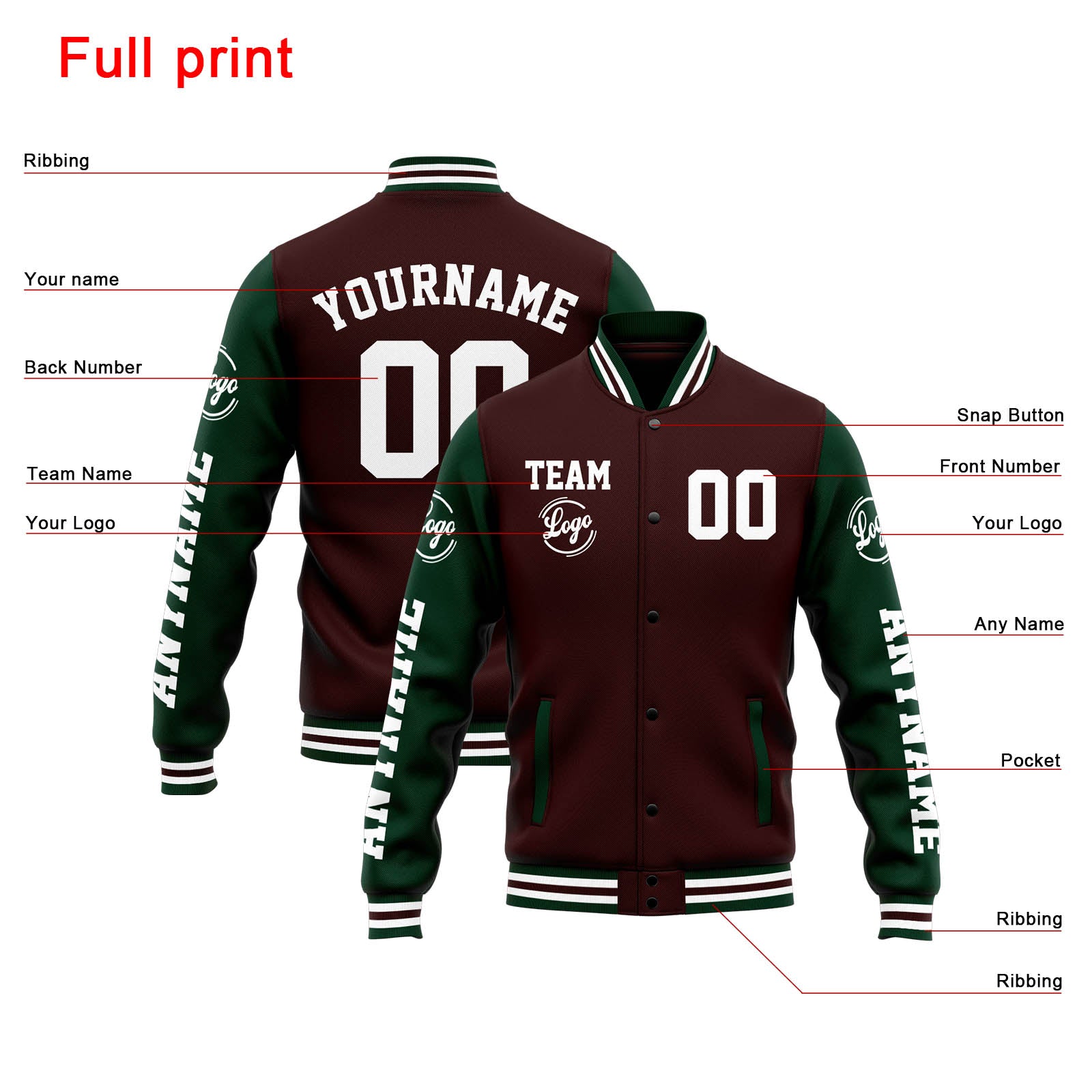 Chaqueta universitaria personalizada estilo Letterman para hombres-mujeres y jóvenes-color marrón y verde