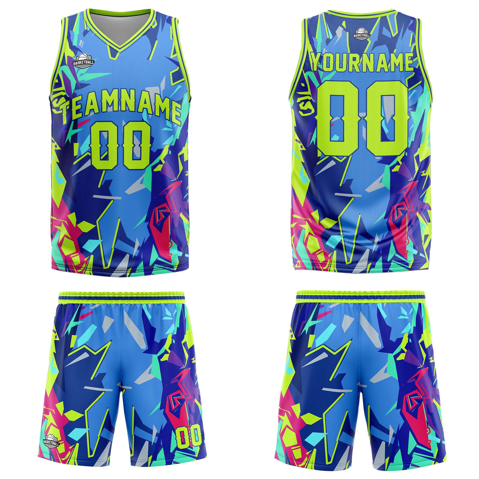 Uniforme de baloncesto personalizado de color verde neón roto con tu logotipo-nombre y número impresos