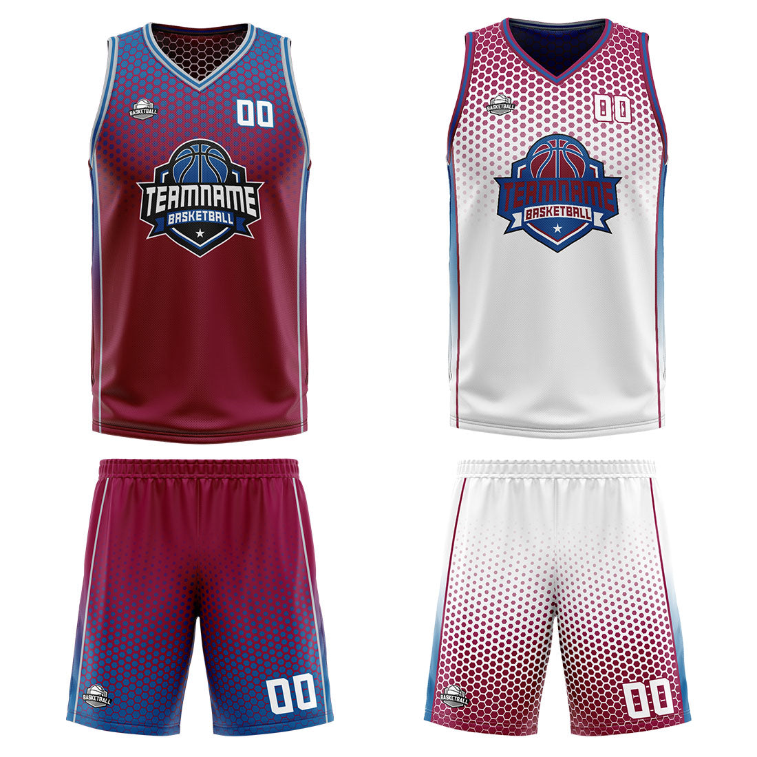 Traje de baloncesto reversible personalizado rojo-blanco y azul para adultos y niños
