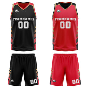 Traje de baloncesto reversible negro-rojo y dorado personalizado para adultos y niños