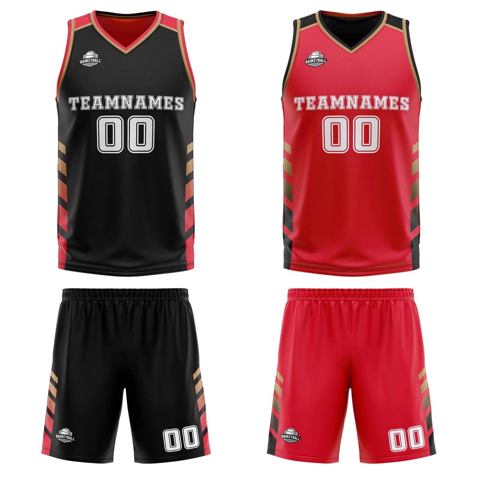 Traje de baloncesto reversible negro-rojo y dorado personalizado para adultos y niños