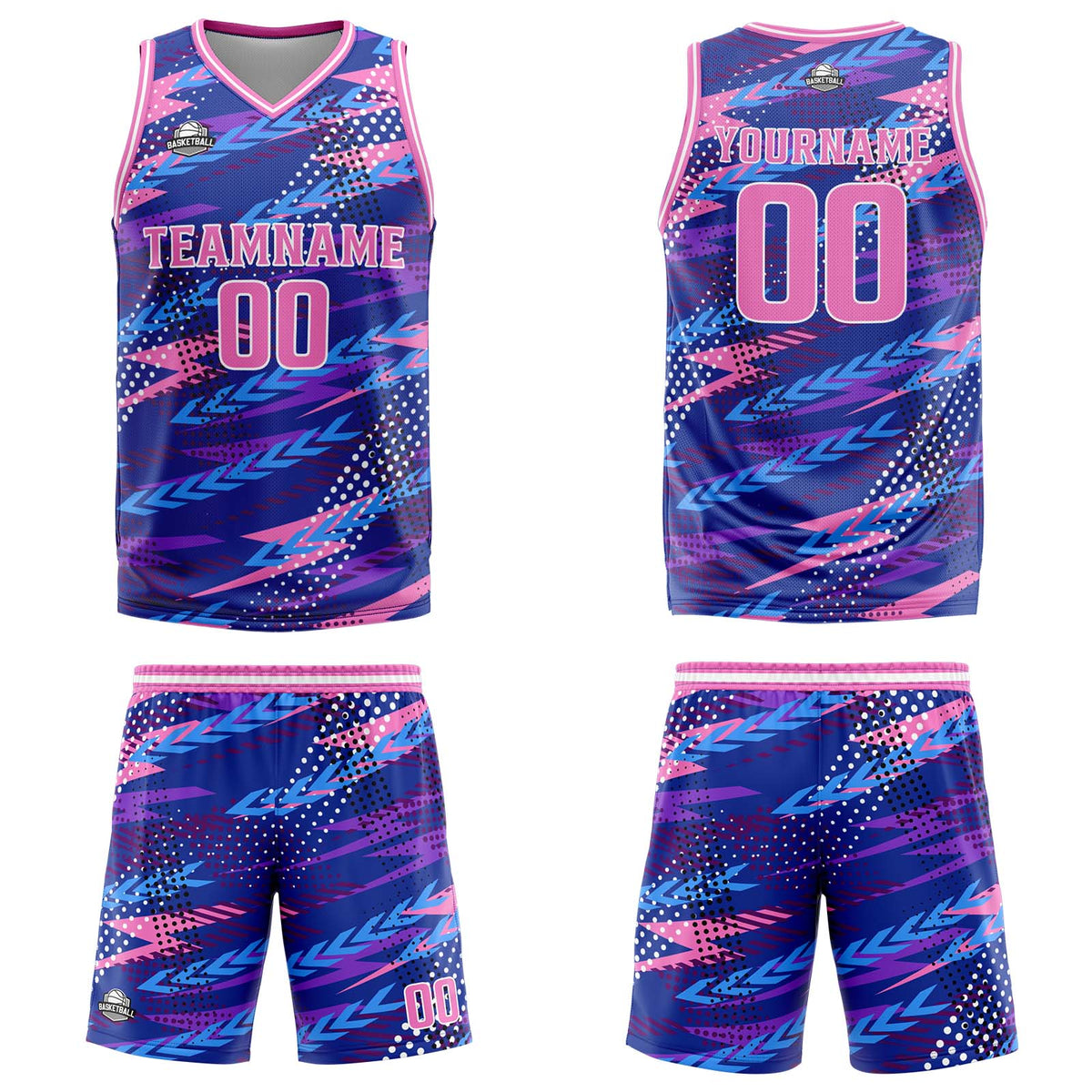 Uniforme de baloncesto personalizado rosa y morado con tu logotipo-nombre y número impresos