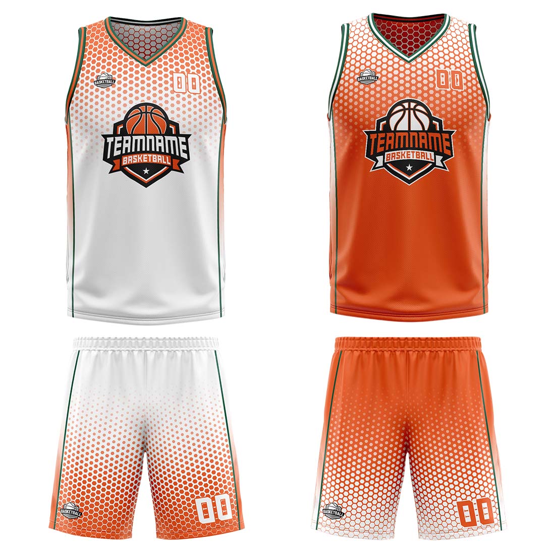 Traje de baloncesto reversible personalizado blanco-naranja y verde para adultos y niños
