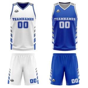 Traje de baloncesto reversible personalizado en blanco-azul y gris para adultos y niños