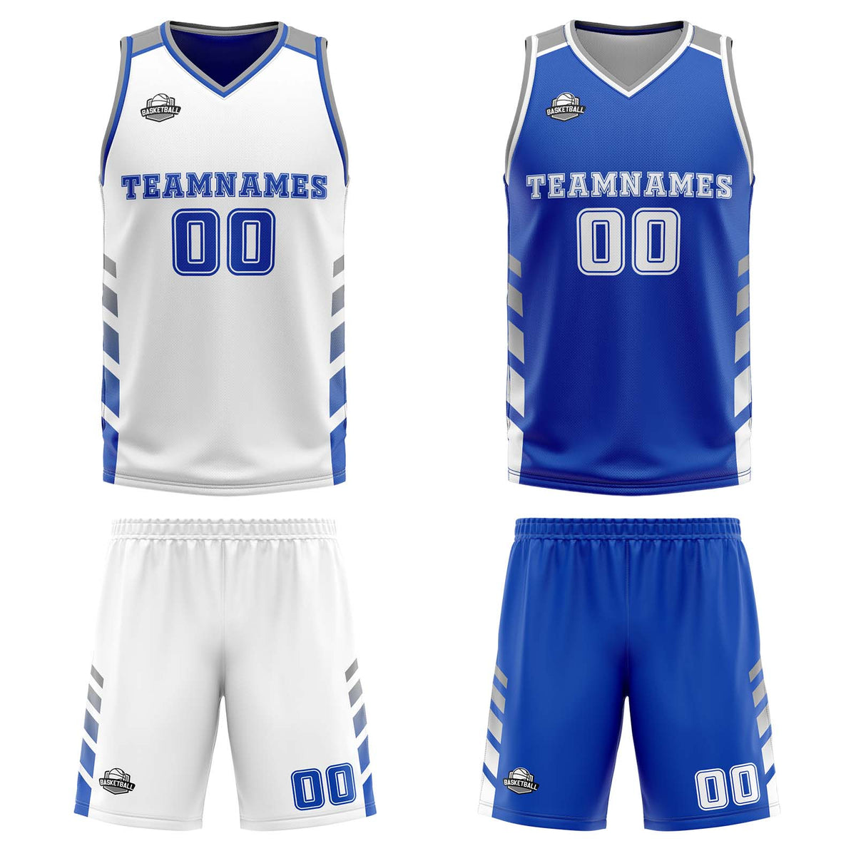 Traje de baloncesto reversible personalizado en blanco-azul y gris para adultos y niños