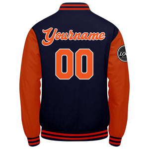 Chaqueta universitaria personalizada estilo Letterman para hombres-mujeres y jóvenes-color azul marino y naranja