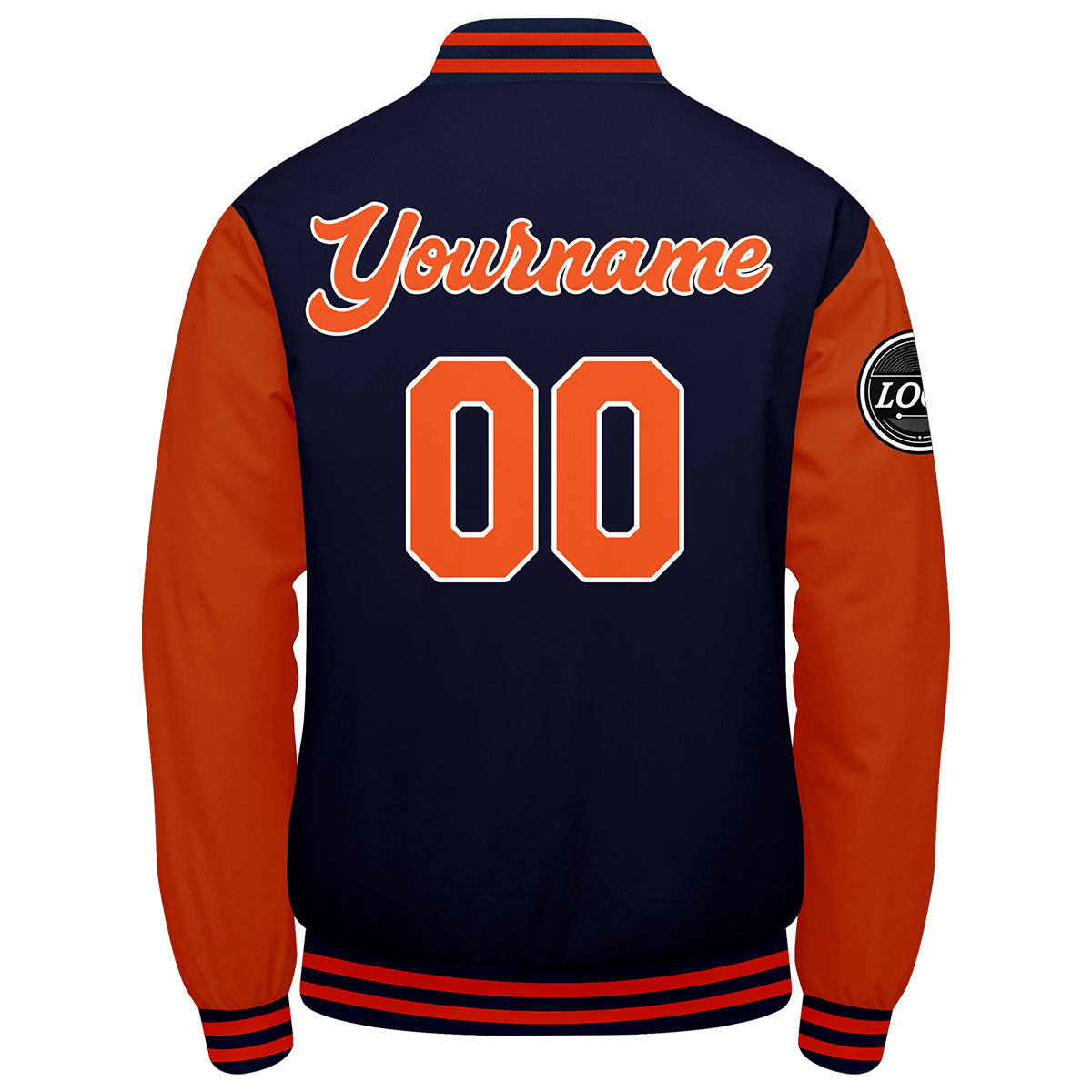Chaqueta universitaria personalizada estilo Letterman para hombres-mujeres y jóvenes-color azul marino y naranja