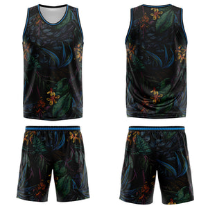 Uniforme de baloncesto personalizado negro con estampado de logotipo-nombre y número de la selva tropical