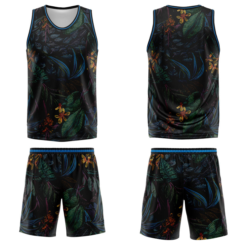 Uniforme de baloncesto personalizado negro con estampado de logotipo-nombre y número de la selva tropical