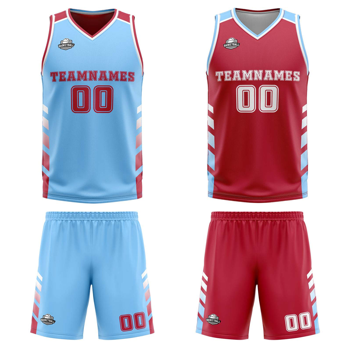 Traje de baloncesto reversible azul claro y blanco personalizado para adultos y niños