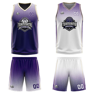 Traje de baloncesto reversible morado y blanco personalizado para adultos y niños