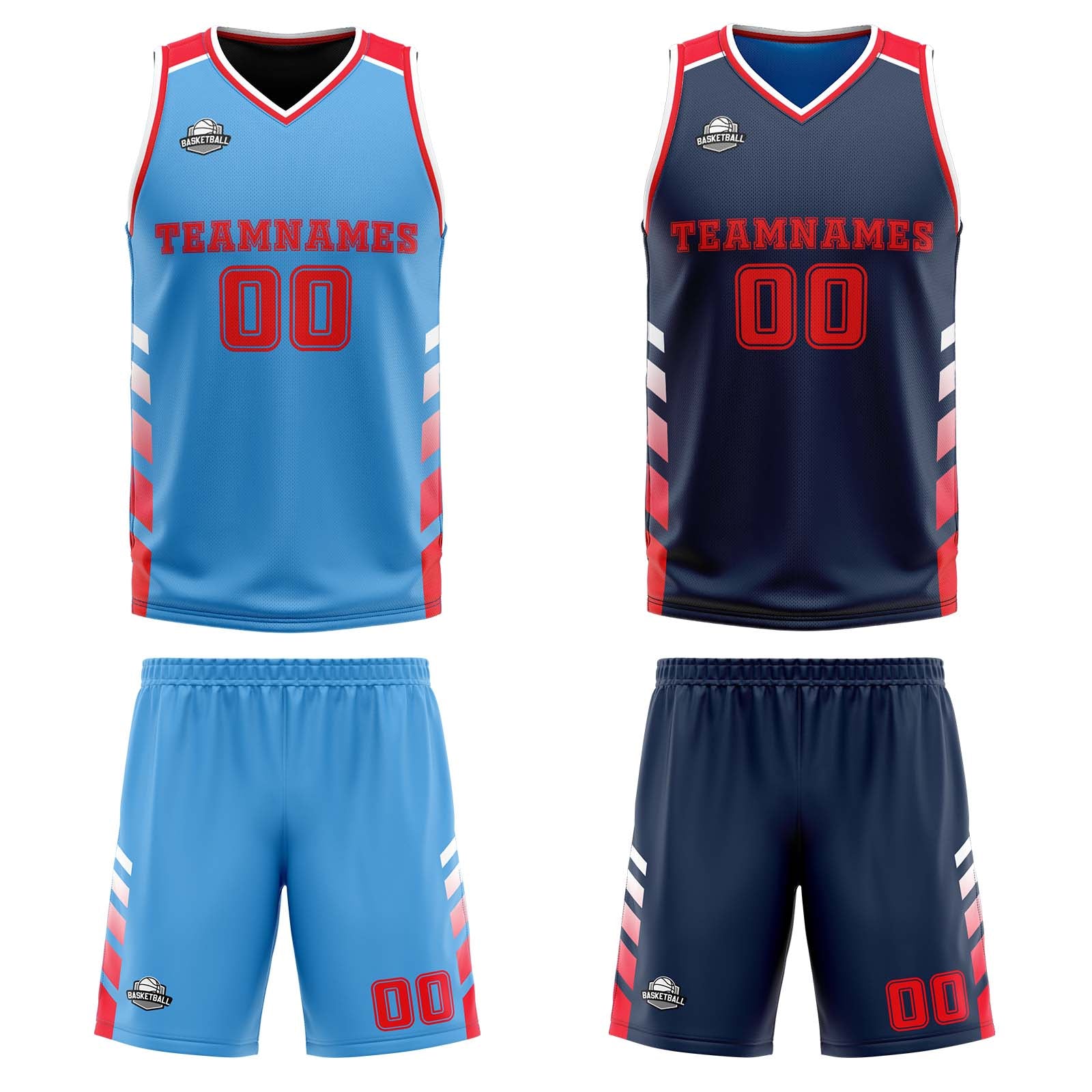 Traje de baloncesto reversible azul marino y rojo personalizado para adultos y niños