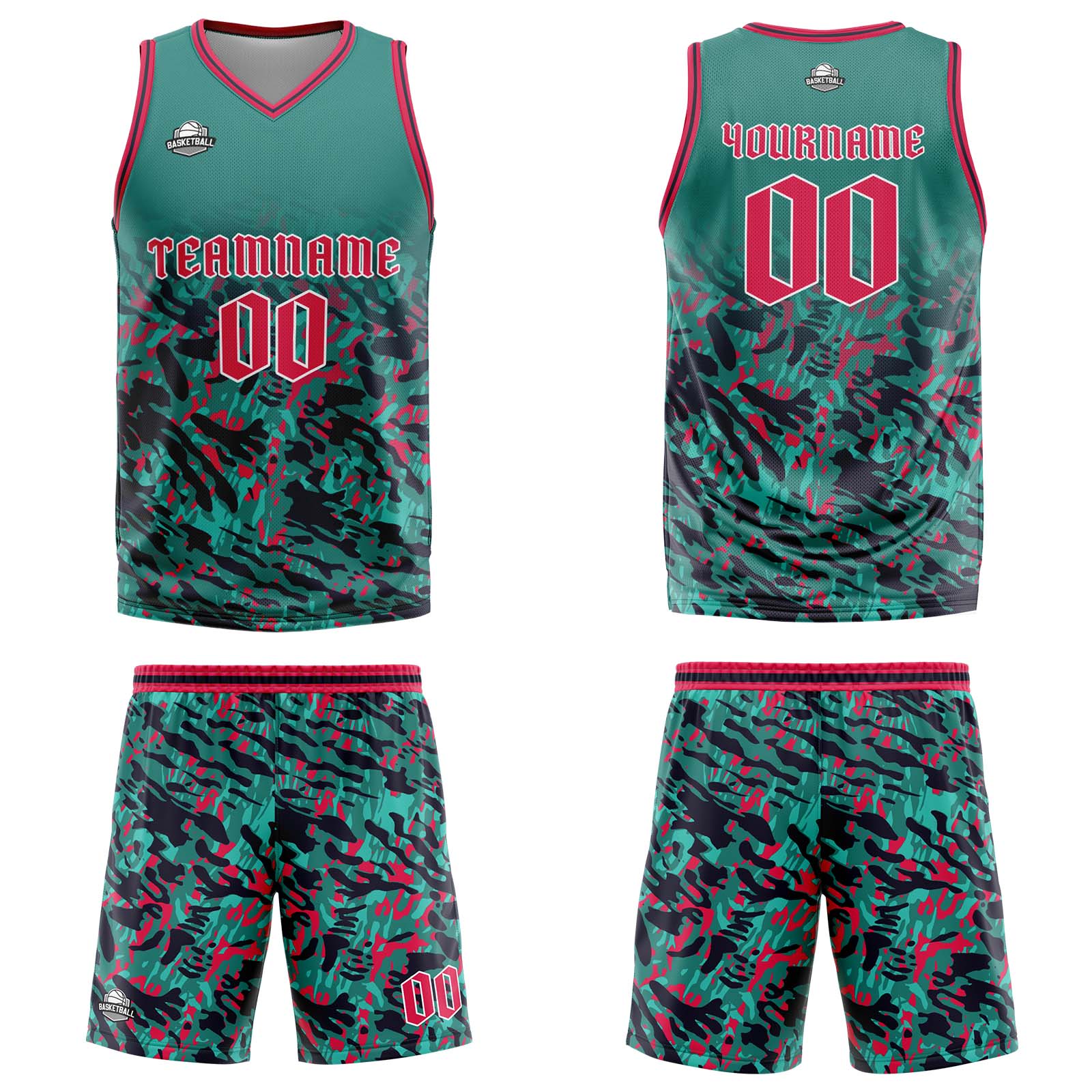 Uniforme de baloncesto personalizado verde y rojo con tu logotipo-nombre y número impresos