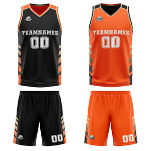 Traje de baloncesto reversible negro-naranja y dorado personalizado para adultos y niños