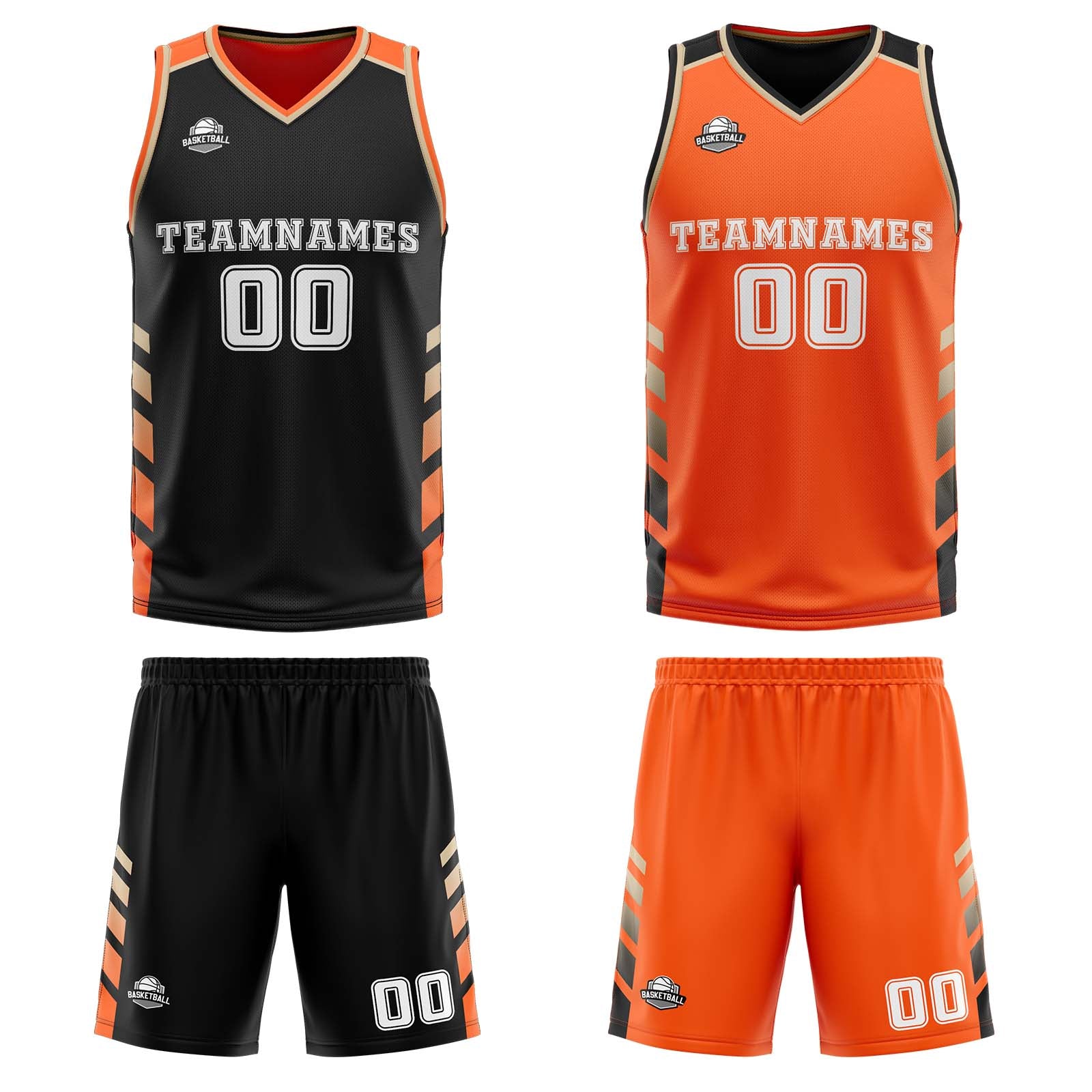 Traje de baloncesto reversible negro-naranja y dorado personalizado para adultos y niños
