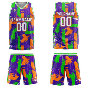 Uniforme de baloncesto personalizado de geometría púrpura y naranja con tu logotipo-nombre y número impresos