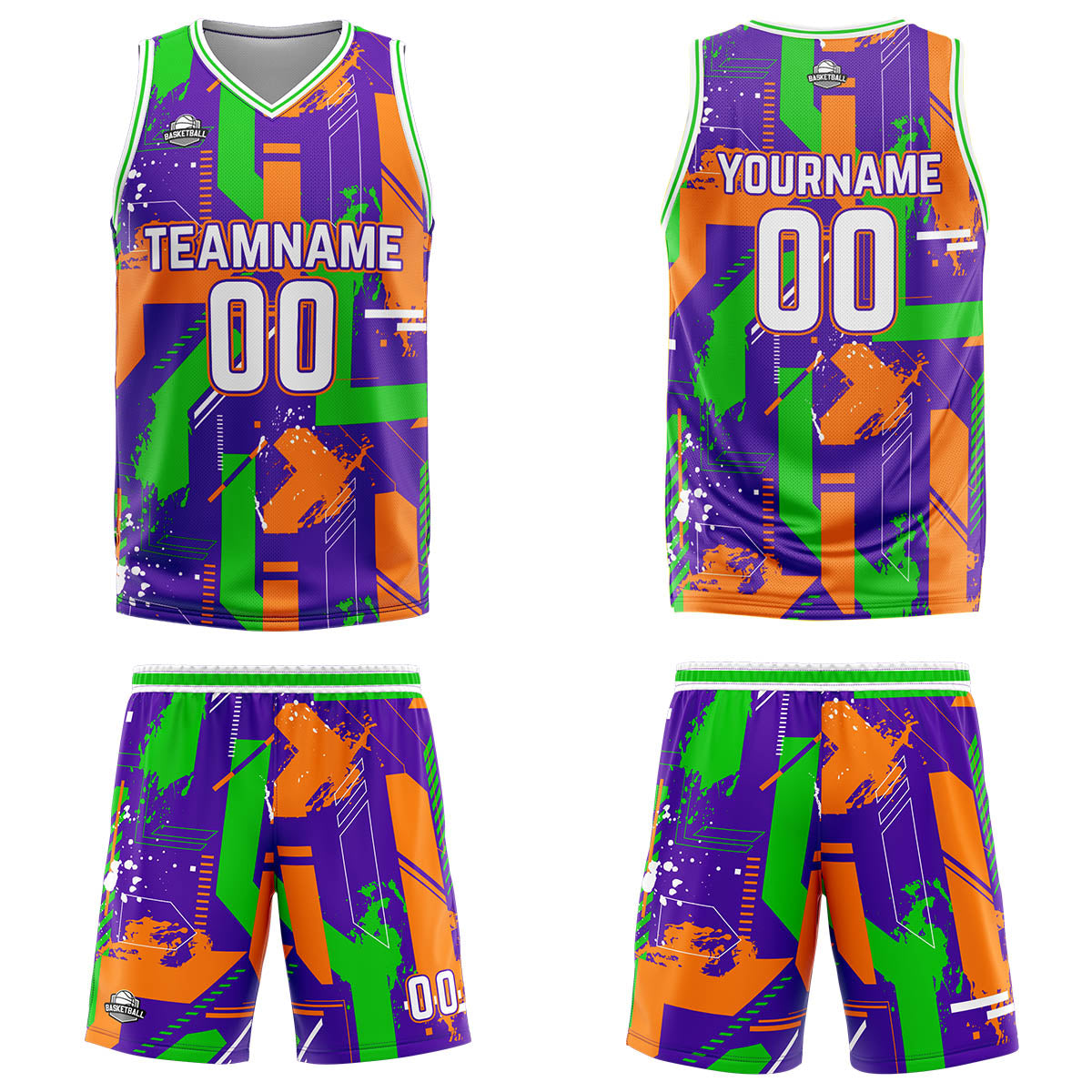 Uniforme de baloncesto personalizado de geometría púrpura y naranja con tu logotipo-nombre y número impresos