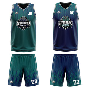 Traje de baloncesto reversible personalizado en verde-azul marino y gris para adultos y niños
