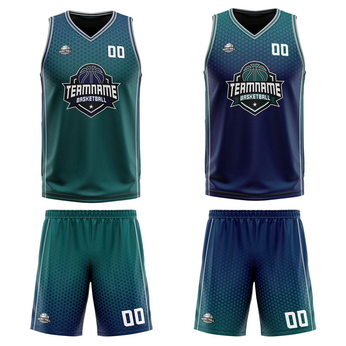 Traje de baloncesto reversible personalizado en verde-azul marino y gris para adultos y niños