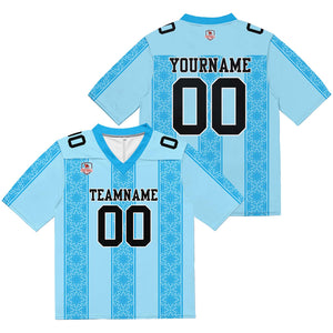 Camiseta de fútbol personalizada con franja azul y nombre del equipo impresos y bordados