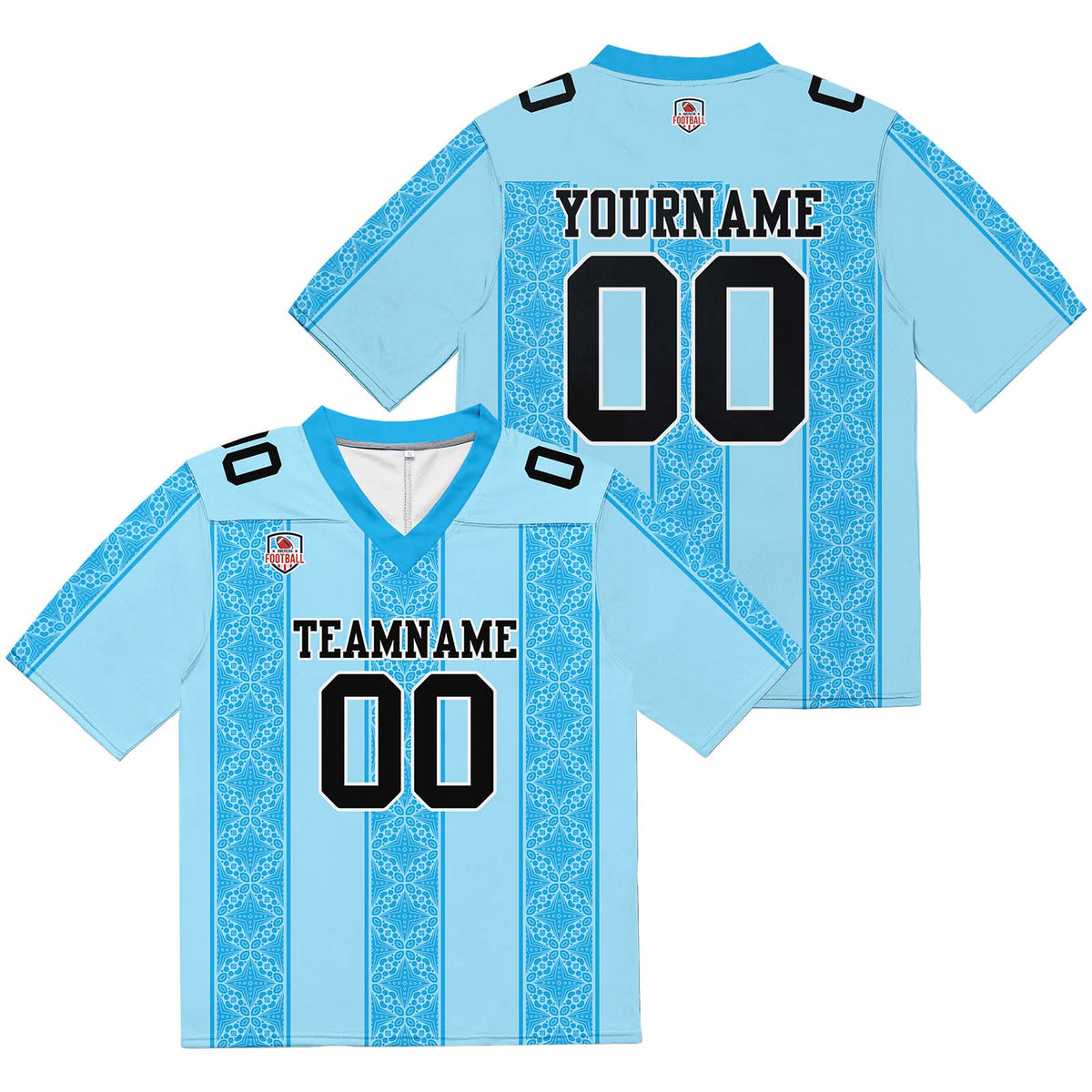Camiseta de fútbol personalizada con franja azul y nombre del equipo impresos y bordados