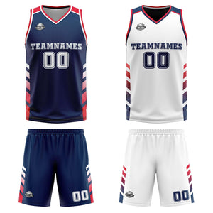 Traje de baloncesto reversible personalizado azul marino-blanco y rojo para adultos y niños