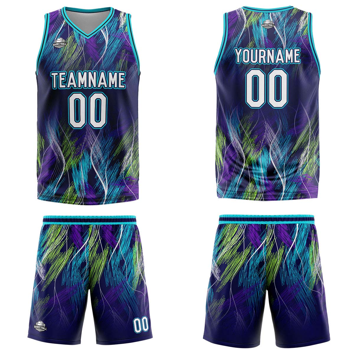 Uniforme de baloncesto personalizado morado y azul claro con su logotipo-nombre y número impresos