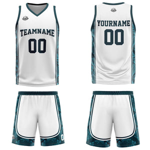 Uniforme de baloncesto personalizado blanco y verde oscuro con tu logotipo-nombre y número impresos